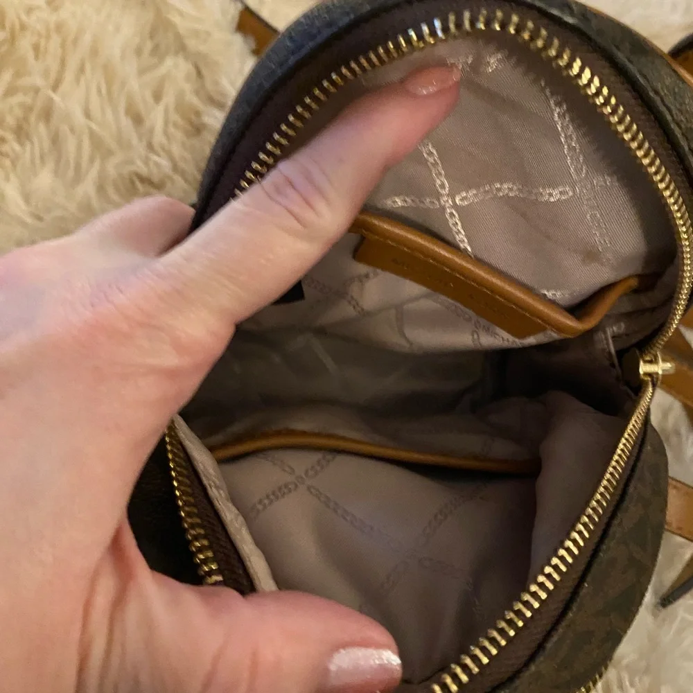 Michael Kors Brown Logo Mini Backpack with Tan Trim and Gold Hardware